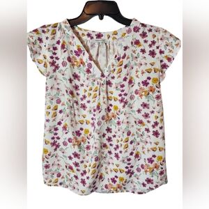 Anne Carson White Floral Print V-Neck Blouse Women's Approximate Small